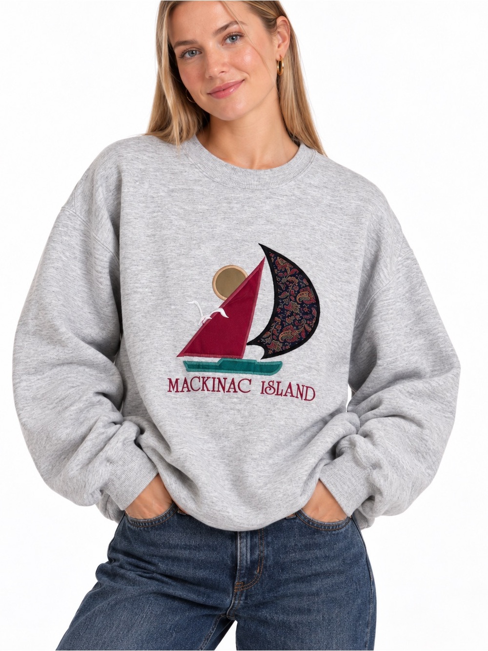 Vintage Jerzees Super Sweats XL Mackinac Island Michigan Sailboat Crewneck USA